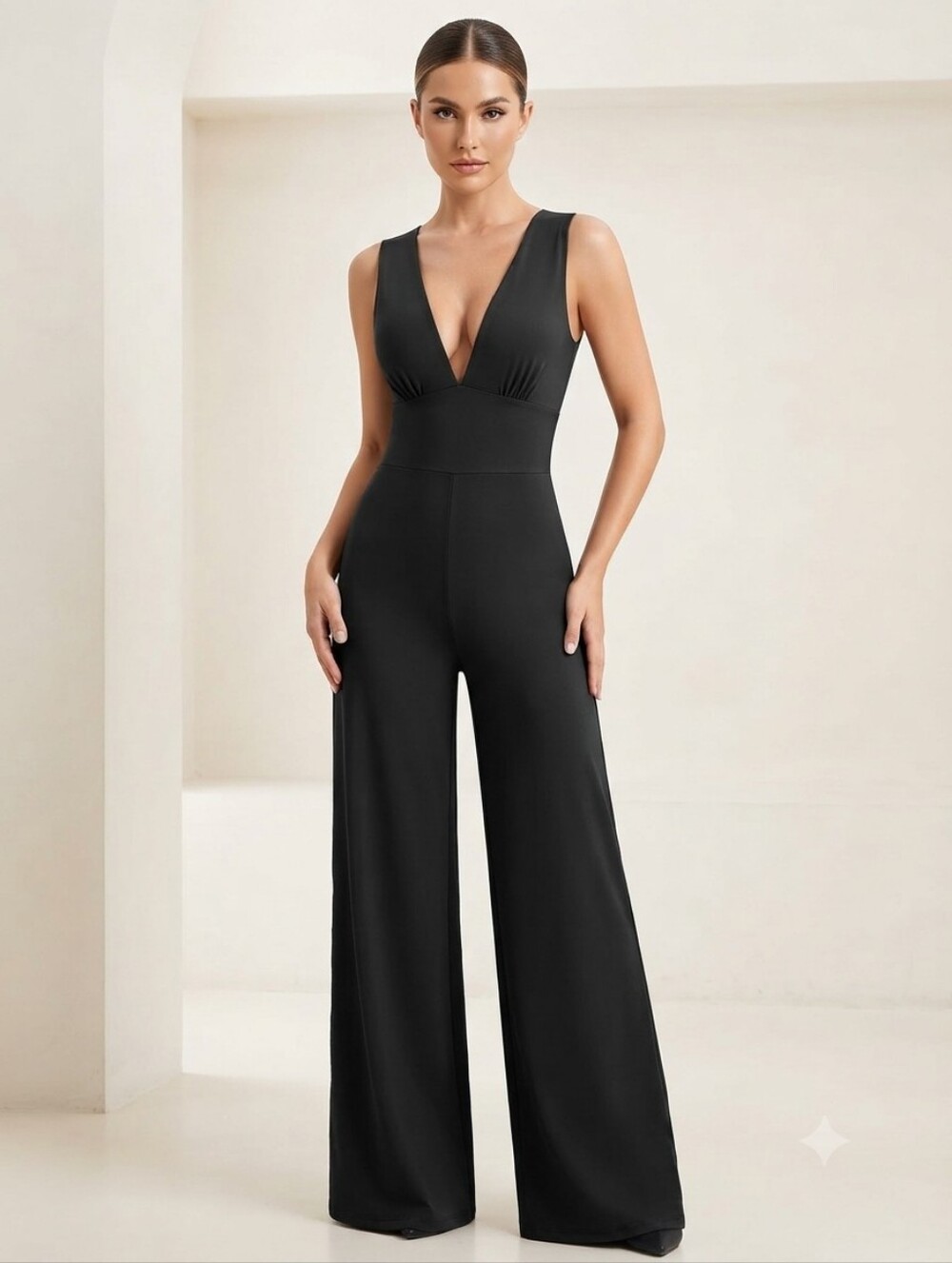 HALARA Black Easy Peezy V-Neck Wide Leg Pocket Jumpsuit Size L Regular